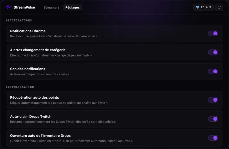 StreamPulse settings: notifications Chrome, category change alerts, sound, auto-collection of points, Drops, auto-open inventory Drops